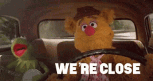 A gif of Kermit the Frog and Fozzy Bear from the Muppets in a car, bouncing in their seats, with Kermit playing a banjo and Fozzy driving.